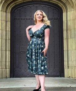 LBHM Final Sale - Natalie Dress In Grey Victorian Bats Print Crepe | Laura Byrnes & Hope Johnstun