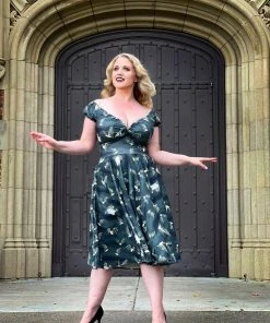 Pinupy Girl Store 7 LBHM Final Sale - Natalie Dress In Grey Victorian Bats Print Crepe | Laura Byrnes & Hope Johnstun