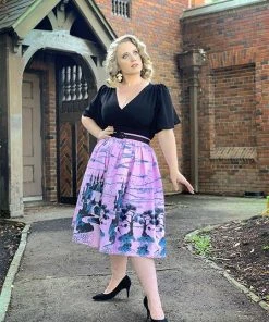 Shop All In-Stock Items By Size Final Sale - Bella Vintage Gathered Swing Skirt In Pink Fairy Tale Castle Print | Pinup Couture