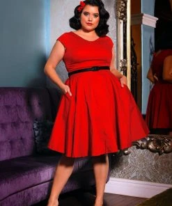 Pinupgirlclothing.com Final Sale - Celia Vintage Swing Dress In Solid Red Cotton Sateen | Pinup Couture Shop All In-Stock Items By Size