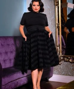 Laura Byrnes Design Shop All In-Stock Items By Size Final Sale - Vintage Inspired Corset Skirt In Black Flocked Harlequin Print | Laura Byrnes