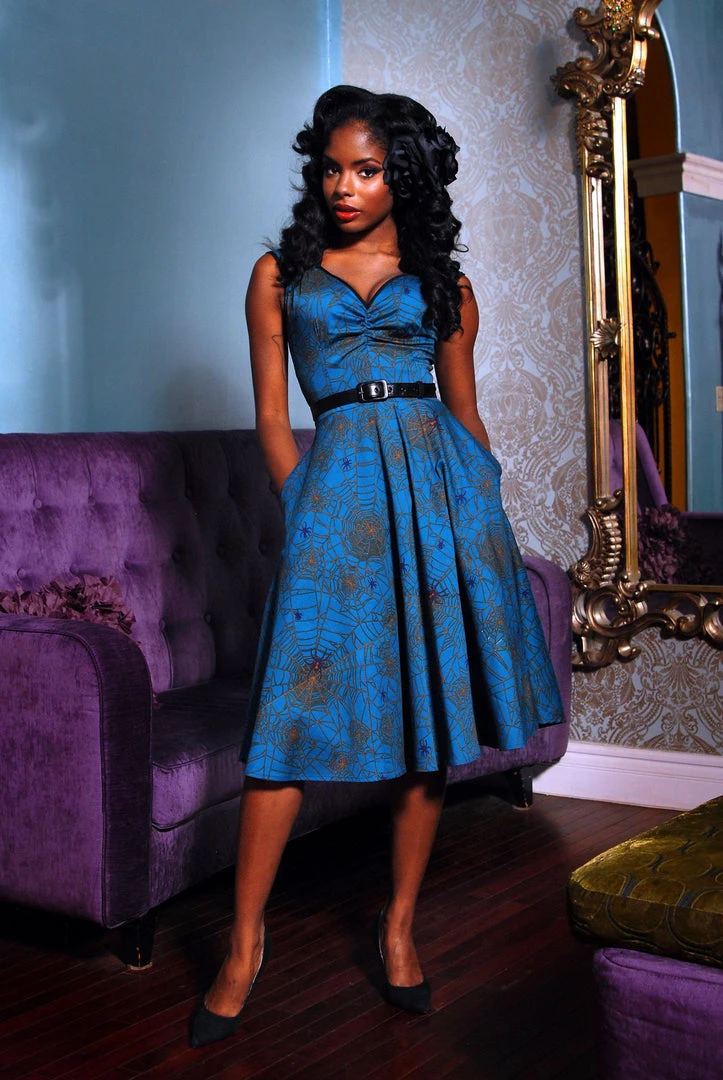 Pinupgirlclothing.com Final Sale - Heidi Vintage A-Line Dress In Teal & Gold Black Widow Spiderweb Cotton Sateen | Pinup Couture 3 Pinupgirlclothing.com Final Sale - Heidi Vintage A-Line Dress In Teal & Gold Black Widow Spiderweb Cotton Sateen | Pinup Couture