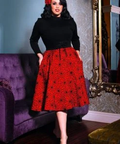 Laura Byrnes Design Shop All In-Stock Items By Size Final Sale - Vintage Inspired Corset Skirt In Red & Black Flocked Spiderweb Print | Laura Byrnes