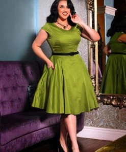 Pinupgirlclothing.com Shop All In-Stock Items By Size Final Sale - Celia Vintage Swing Dress In Olive Cotton Sateen | Pinup Couture