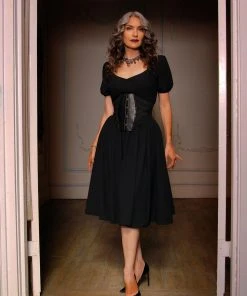 Laura Byrnes Design Shop All In-Stock Items By Size Lucrezia Day Dress In Solid Black Stretch Crepe | Laura Byrnes