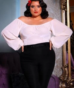 Pinup Girl Clothing Final Sale - Swann Long Sleeve Peasant Top In Ivory Stretch Velvet | Pinup Couture 26 Pinup Girl Clothing Final Sale - Swann Long Sleeve Peasant Top In Ivory Stretch Velvet | Pinup Couture