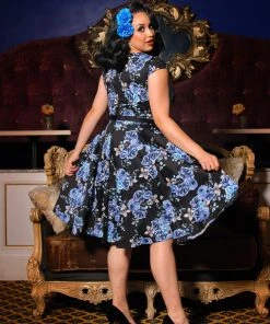 Pinupgirlclothing.com Shop All In-Stock Items By Size Final Sale - Celia Dress In Blue Roses Cotton Sateen | Pinup Couture
