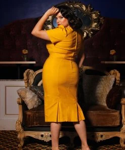 Final Sale - Eliza Wiggle Dress In Mustard Stretch Bengaline | Deadly Dames Shop All In-Stock Items By Size