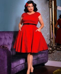 Pinupgirlclothing.com Final Sale - Celia Vintage Swing Dress In Solid Red Cotton Sateen | Pinup Couture Shop All In-Stock Items By Size