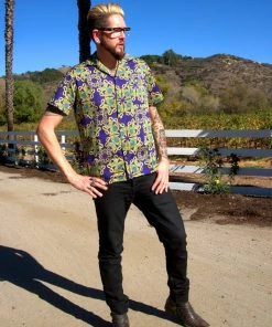 LBHM Unisex Button Down Shirt In Daddy Cthulhu Sateen | Laura Byrnes & Hope Johnstun What's New, Pussycat?