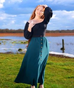 Selene Button Front Midi Skirt In Spruce Green With Black Trim | Laura Byrnes Design What's New, Pussycat?