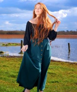 Selene Button Front Midi Skirt In Spruce Green With Black Trim | Laura Byrnes Design What's New, Pussycat?