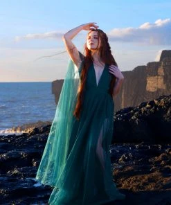 Rubber Ducky Gothic Glamour - Bombshell Plunge Maxi Gown In Peacock Green With Sheer Mesh Sleeves What's New, Pussycat?