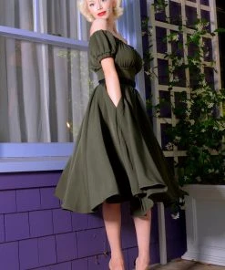Shop All In-Stock Items By Size OYS - Marie-Thérèse Peasant Dress With Short Sleeves In Olive Poly Crepe | Pinup Couture - L60