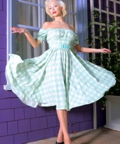 LBHM What's New, Pussycat? Marie-Thérèse Short Sleeved Peasant Dress In Sage Gingham Twill | Laura Byrnes & Hope Johnstun