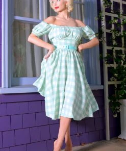 LBHM What's New, Pussycat? Marie-Thérèse Short Sleeved Peasant Dress In Sage Gingham Twill | Laura Byrnes & Hope Johnstun