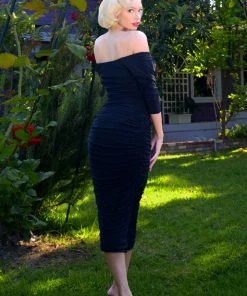 Laura Byrnes Design Monica Vintage Gathered Wiggle Cocktail Dress In Solid Black | Laura Byrnes California