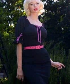 What's New, Pussycat? Chérie Peasant Top In Black With Orchid Ribbon Trim | Laura Byrnes Design