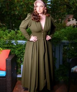 LB Clarice Coat Dress In Olive Green Poly Crepe | Laura Byrnes Design 10 LB Clarice Coat Dress In Olive Green Poly Crepe | Laura Byrnes Design