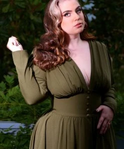 LB Clarice Coat Dress In Olive Green Poly Crepe | Laura Byrnes Design