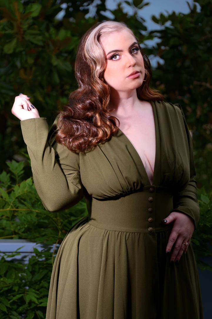 LB Clarice Coat Dress In Olive Green Poly Crepe | Laura Byrnes Design 4 LB Clarice Coat Dress In Olive Green Poly Crepe | Laura Byrnes Design