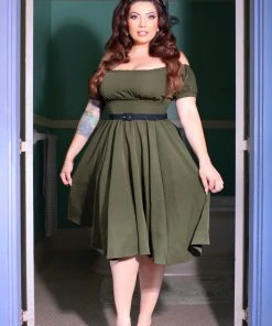 Marie-Thérèse Peasant Dress With Short Sleeves In Olive Poly Crepe | Pinup Couture