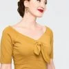 Final Sale - Anika Bow Top In Mustard Stretch Knit | Voodoo Vixen