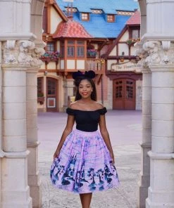 Shop All In-Stock Items By Size Final Sale - Bella Vintage Gathered Swing Skirt In Pink Fairy Tale Castle Print | Pinup Couture
