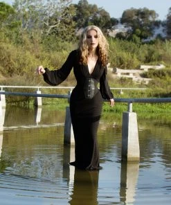 Pinup Girl Clothing Shop All In-Stock Items By Size Gia Art Deco Gown In Black With Bishop Sleeves | Laura Byrnes