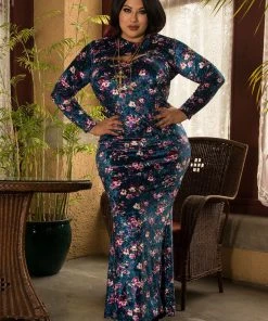 Traci Lords For Couture For Every Body Final Sale - Supreme Maxi Dress In Blue Floral Velvet With Removable Shrug | Traci Lords 14 Traci Lords For Couture For Every Body Final Sale - Supreme Maxi Dress In Blue Floral Velvet With Removable Shrug | Traci Lords