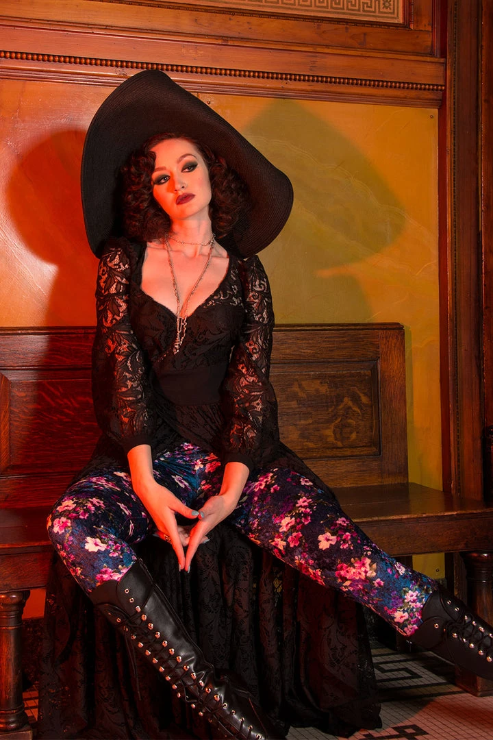 Traci Lords For Couture For Every Body Final Sale - Lola Pant Long Crushed Velvet Leggings In Blue Floral Print By Traci Lords 5 Traci Lords For Couture For Every Body Final Sale - Lola Pant Long Crushed Velvet Leggings In Blue Floral Print By Traci Lords