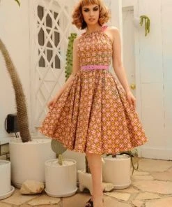 Final Sale - Harley Swing Dress In Gold Room Cotton Sateen | Pinup Couture Shop All In-Stock Items By Size