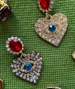 Ole - FashionGo What's New, Pussycat? Evil Eye Ruby & Azure Rhinestone Crystal Pave Heart Earrings