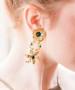 Pink Reef Gold And Green Floral Earrings What's New, Pussycat?