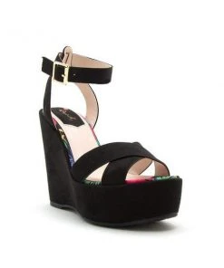 LUV Fashion Katherine Platform Wedge Sandal In Black Faux Suede
