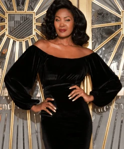 Pinup Girl Clothing Swann Long Sleeve Peasant Top In Black Stretch Velvet | Pinup Couture