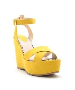 LUV Fashion Katherine Platform Wedge Sandal In Mustard Faux Suede