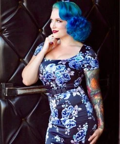 Laura Byrnes Design Shop All In-Stock Items By Size OYS Laura Wiggle Dress In Vintage Blue Roses Stretch Satin | Laura Byrnes