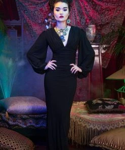 Pinup Girl Clothing Shop All In-Stock Items By Size Gia Art Deco Gown In Black With Bishop Sleeves | Laura Byrnes