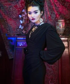 Pinup Girl Clothing Shop All In-Stock Items By Size Gia Art Deco Gown In Black With Bishop Sleeves | Laura Byrnes