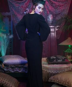 Pinup Girl Clothing Shop All In-Stock Items By Size Gia Art Deco Gown In Black With Bishop Sleeves | Laura Byrnes