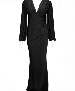 Pinup Girl Clothing Shop All In-Stock Items By Size Gia Art Deco Gown In Black With Bishop Sleeves | Laura Byrnes