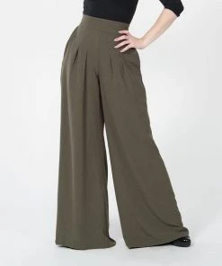 What's New, Pussycat? Dietrich Vintage Wide Leg Palazzo Pants In Olive Crepe 32