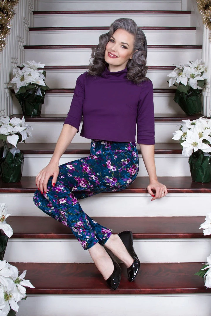 Traci Lords For Couture For Every Body Final Sale - Lola Pant Long Crushed Velvet Leggings In Blue Floral Print By Traci Lords 11 Traci Lords For Couture For Every Body Final Sale - Lola Pant Long Crushed Velvet Leggings In Blue Floral Print By Traci Lords