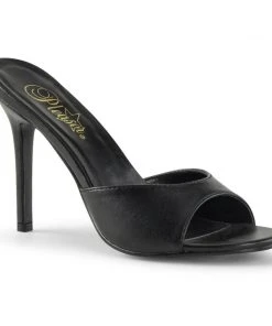 Pleaser The Hot Girl Peep Toe Mule In Black Faux Leather What's New, Pussycat?