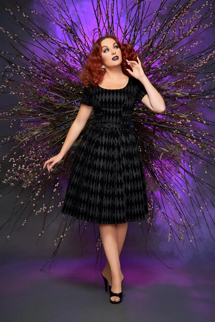 Final Sale - Pinup Couture Gena Dress In Black Flocked Harlequin 5 Final Sale - Pinup Couture Gena Dress In Black Flocked Harlequin