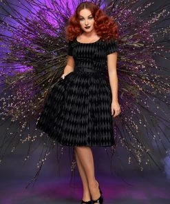 Final Sale - Pinup Couture Gena Dress In Black Flocked Harlequin