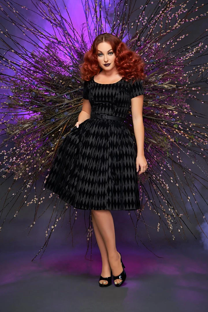 Final Sale - Pinup Couture Gena Dress In Black Flocked Harlequin 3 Final Sale - Pinup Couture Gena Dress In Black Flocked Harlequin