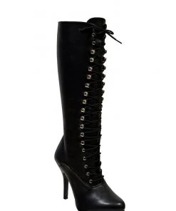 Pleaser Tura Lace Up Knee High Boot In Black Vegan Patent Leather Shop All In-Stock Items By Size