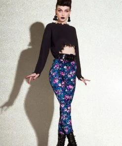 Traci Lords For Couture For Every Body Final Sale - Lola Pant Long Crushed Velvet Leggings In Blue Floral Print By Traci Lords 18 Traci Lords For Couture For Every Body Final Sale - Lola Pant Long Crushed Velvet Leggings In Blue Floral Print By Traci Lords